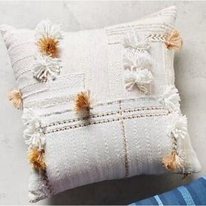 Anthropologie Cream and Tan Bohemian Pillow with Fringe